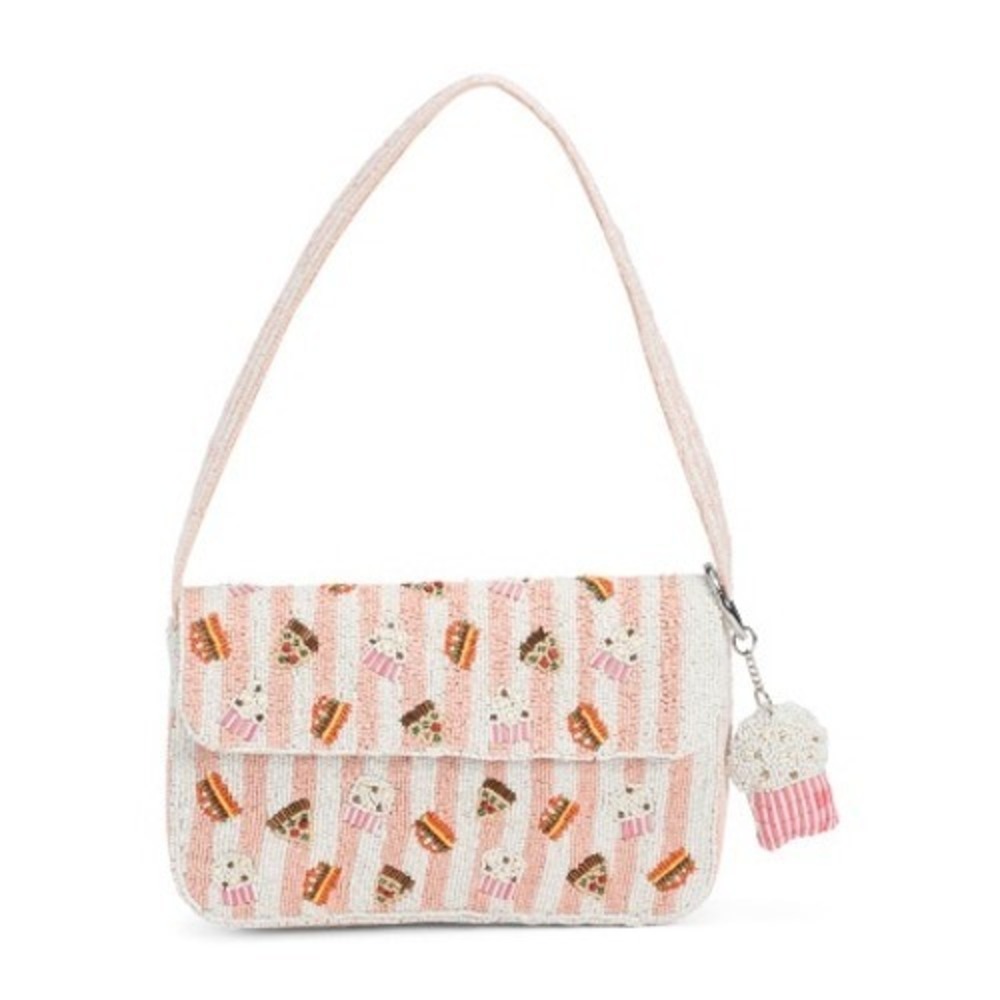 NWT Made in India Beaded Shoulder Bag Pink White Stripe Cupcake Pizza Burger
